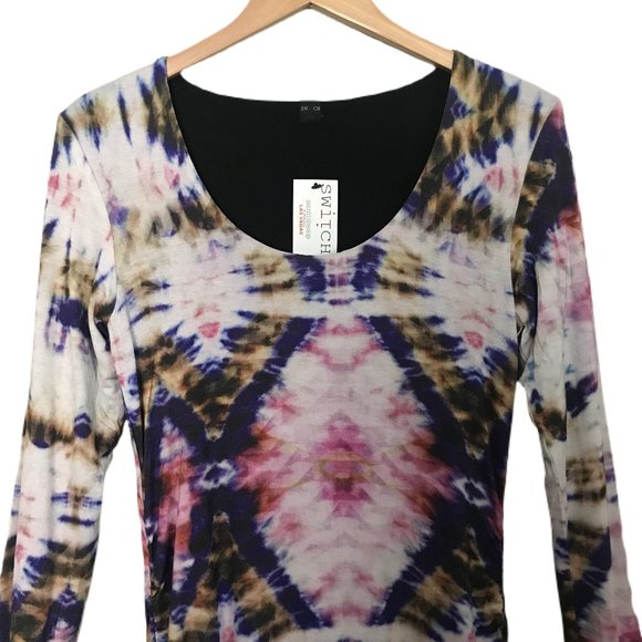 Switch Las Vegas Multicolored Stretch Long Sleeve Scoop Neck Bodycon Dress Sm - Picture 3 of 5